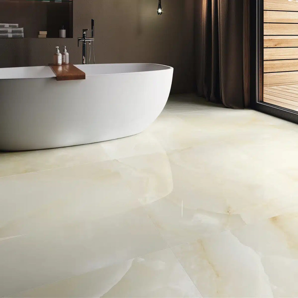 Onix Blanco polished porcelain tile close-up – white onyx effect
