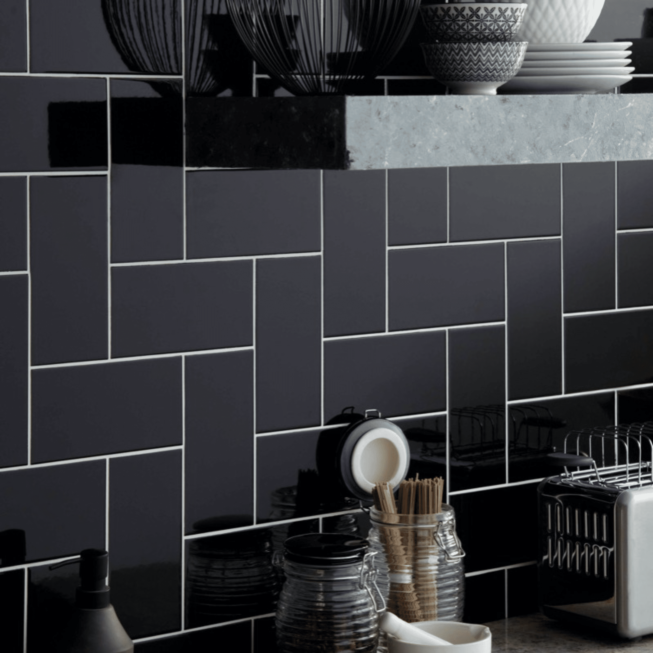 Gloss black wall tile for kitchens walls