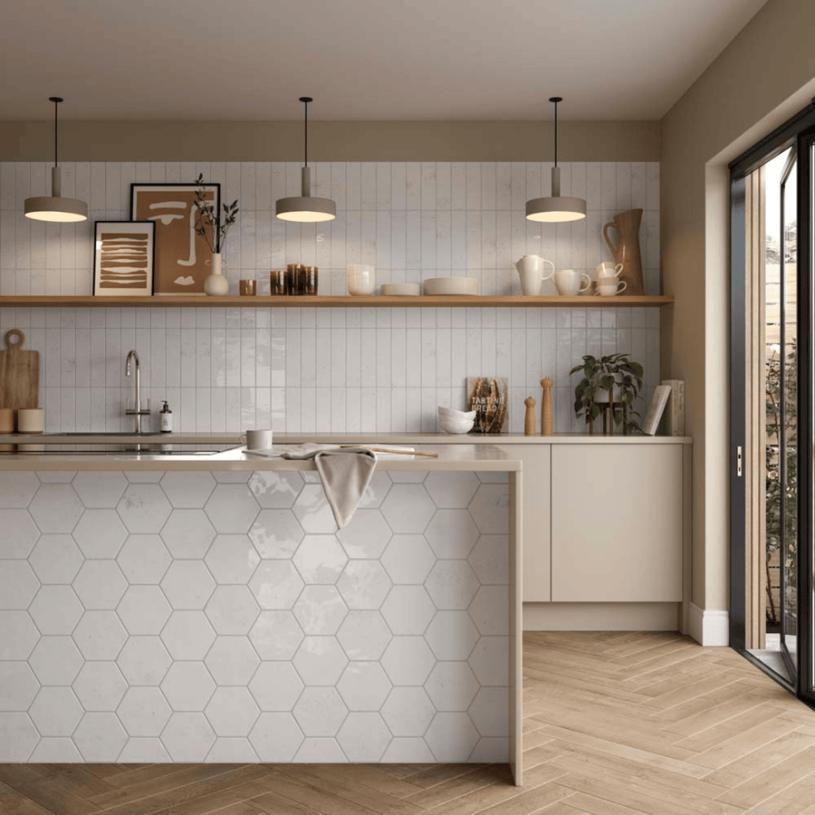 Hexagon ceramic wall tile in white