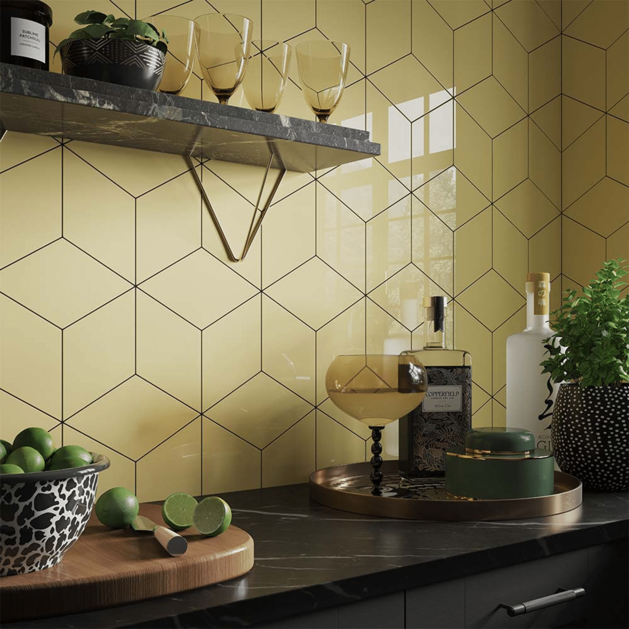 Yellow geometric kitchen wall tile