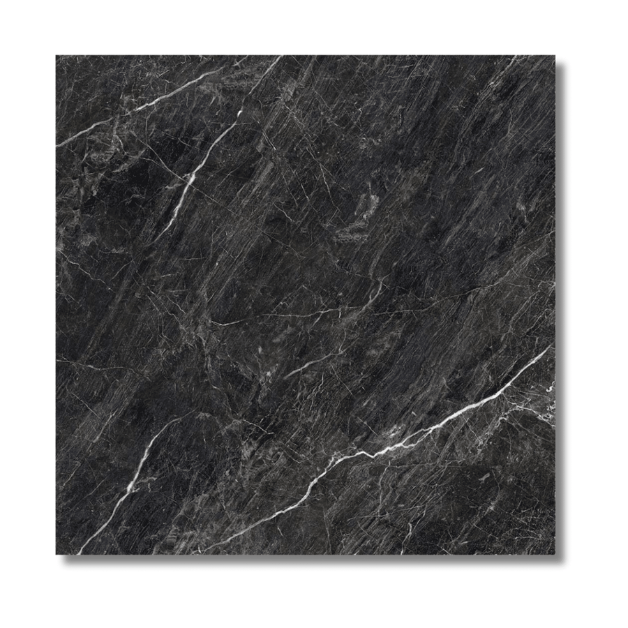 Zeus Midnight Black polished tile close-up