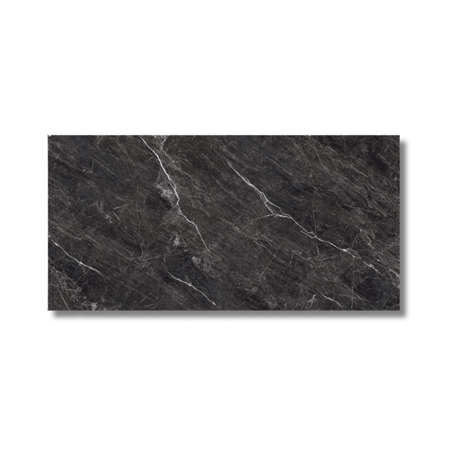 Polished black porcelain tile wall