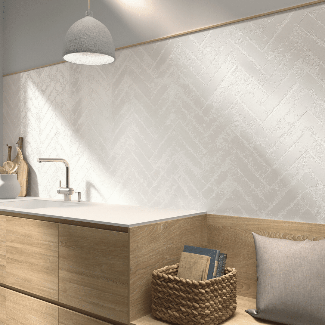 Elegant glossy ceramic white metro tile surface