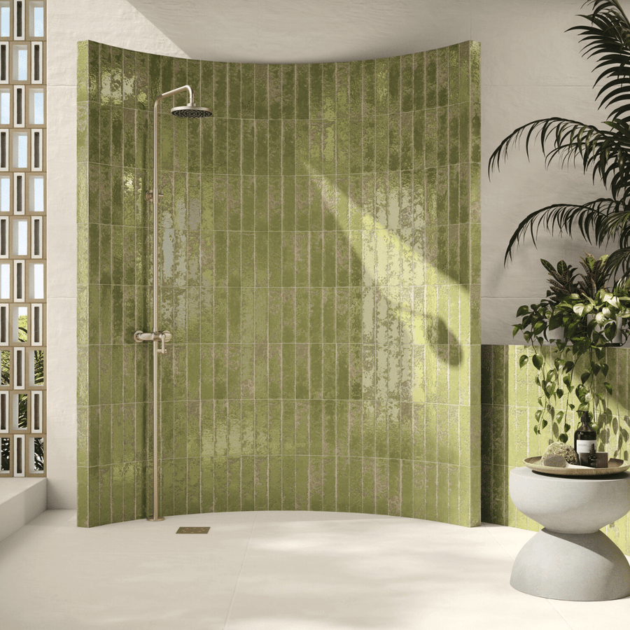 Ceramic glossy moss green metro tiles wall finish
