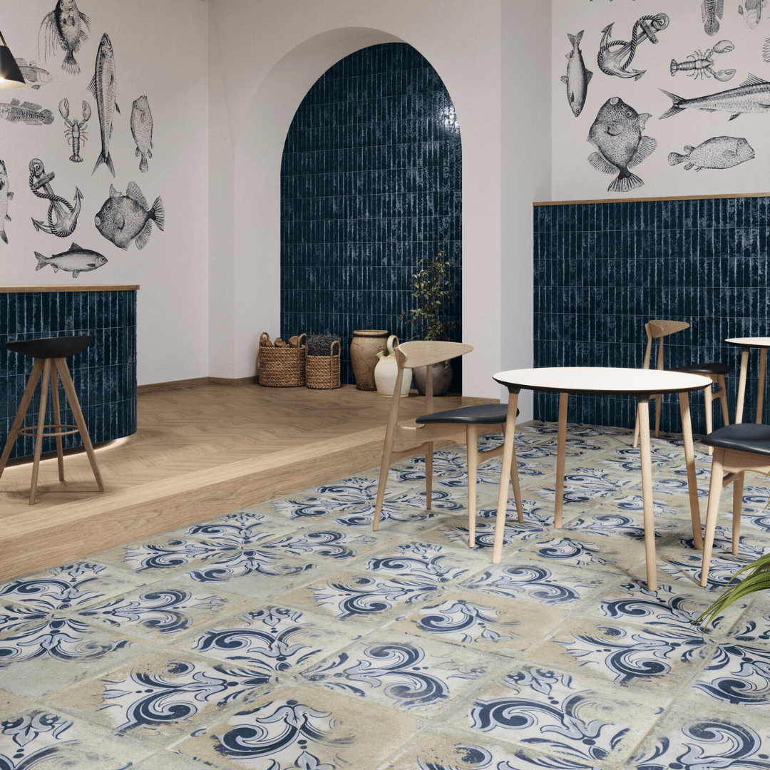 Stylish glossy ceramic Prussian Blue wall design