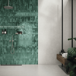 Stylish glossy ceramic metro tiles sage blue walls