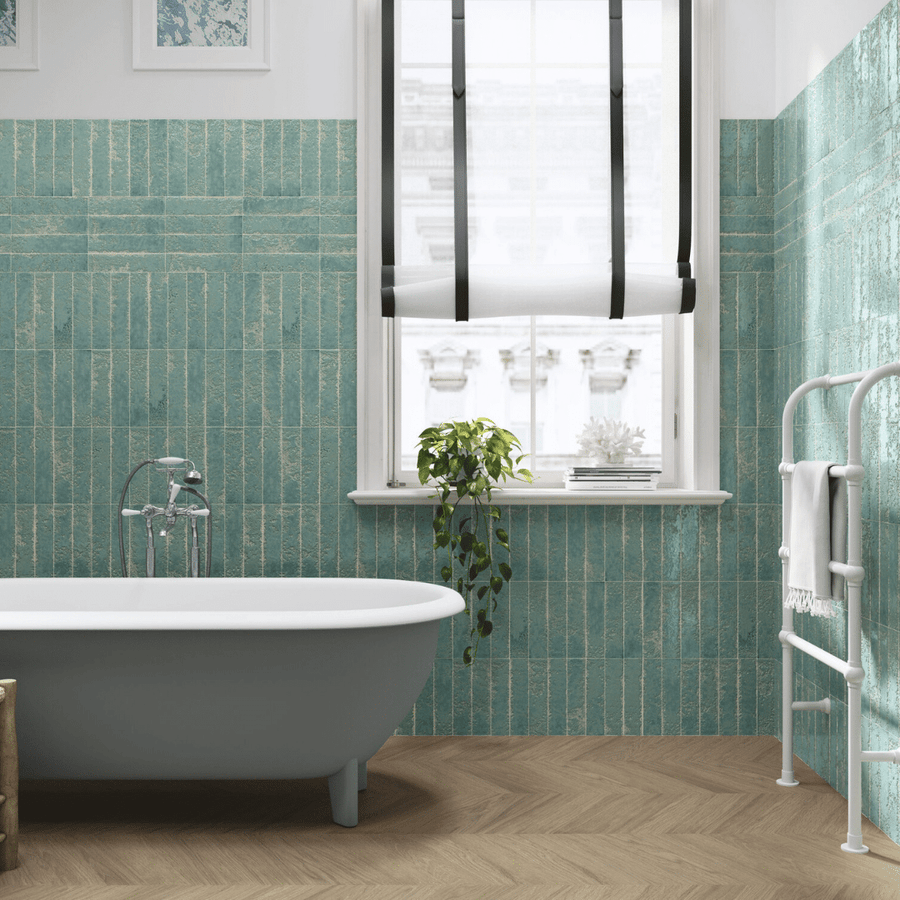 Ceramic glossy teal blue metro tiles wall finish