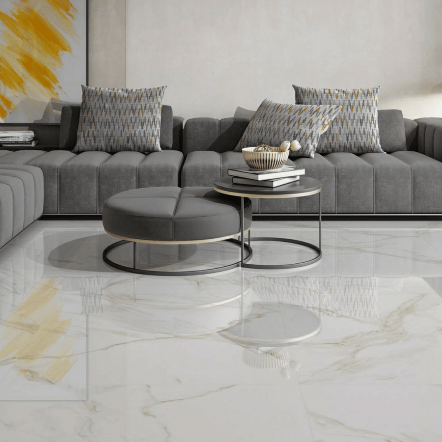 White porcelain tiles featuring glossy marble effect veining