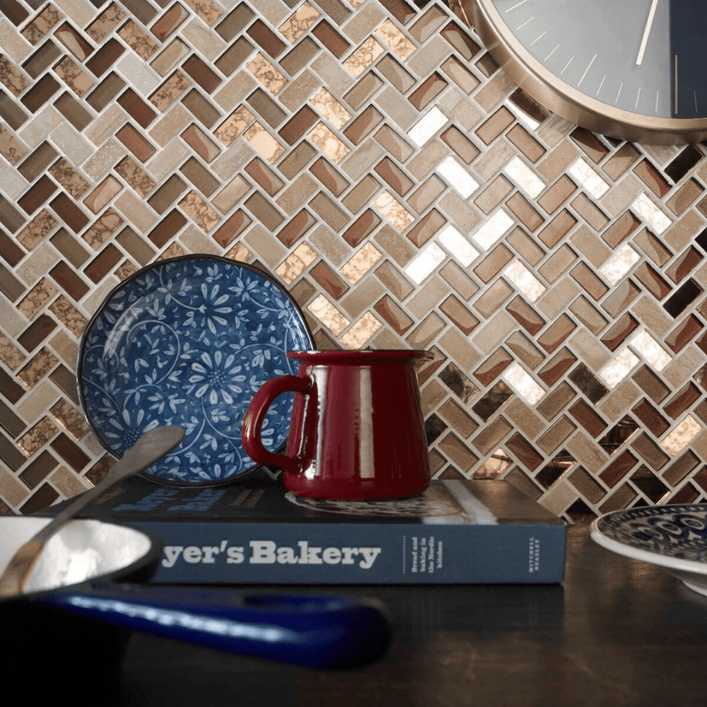 Pence Copper brown herringbone glass stone wall floor mosaic