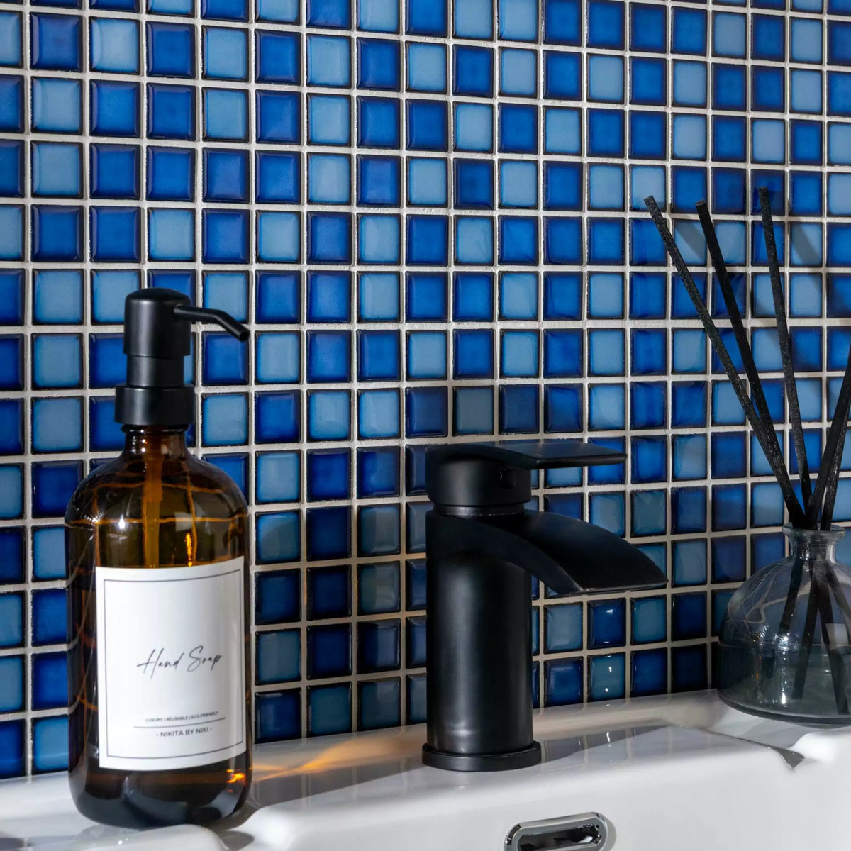 Polished blue porcelain mosaic wall and floor tile design