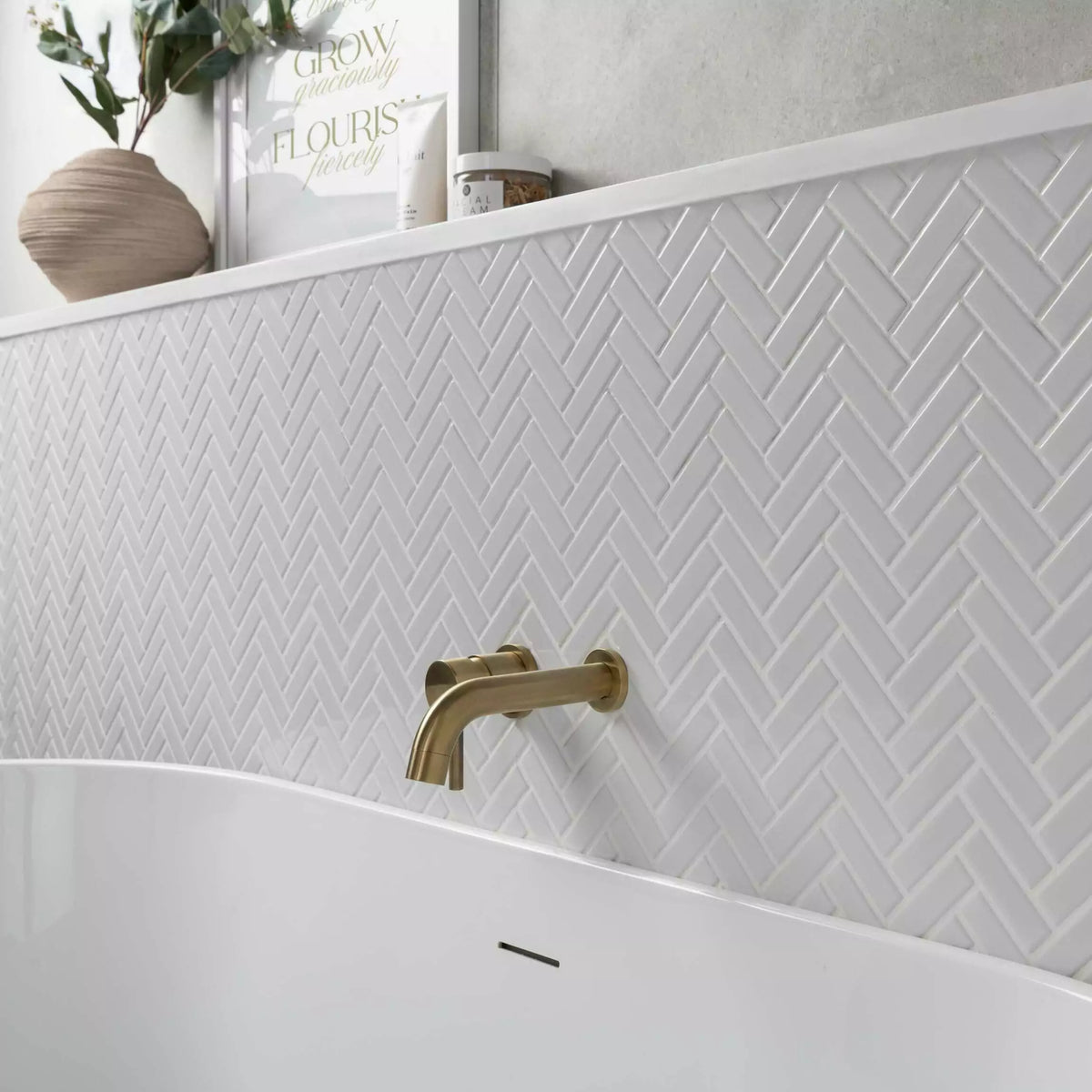 Pixel White Gloss herringbone tiles for interior walls