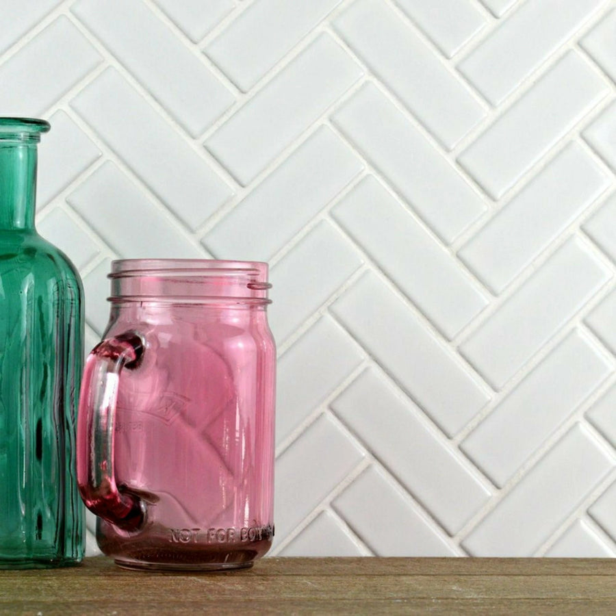 White porcelain herringbone mosaic tiles for walls and floors