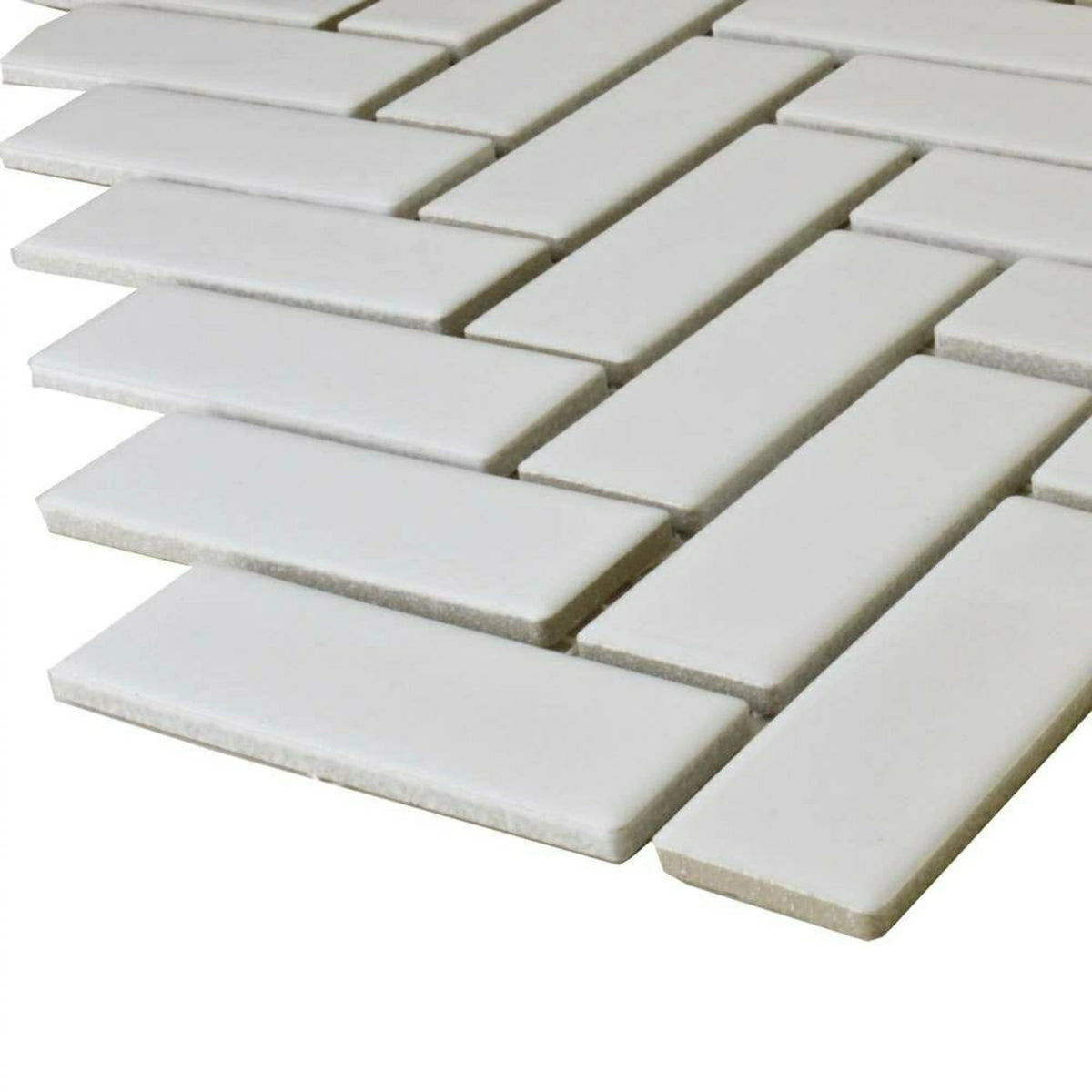 Pixel White polished mosaic tiles with herringbone pattern