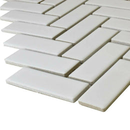 Pixel White polished mosaic tiles with herringbone pattern