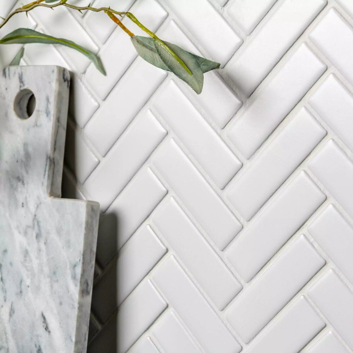 Matt white porcelain herringbone wall floor mosaic tiles