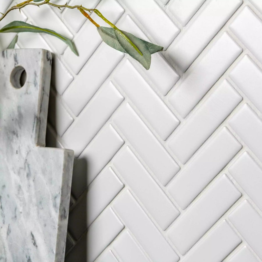 Matt white porcelain herringbone wall floor mosaic tiles