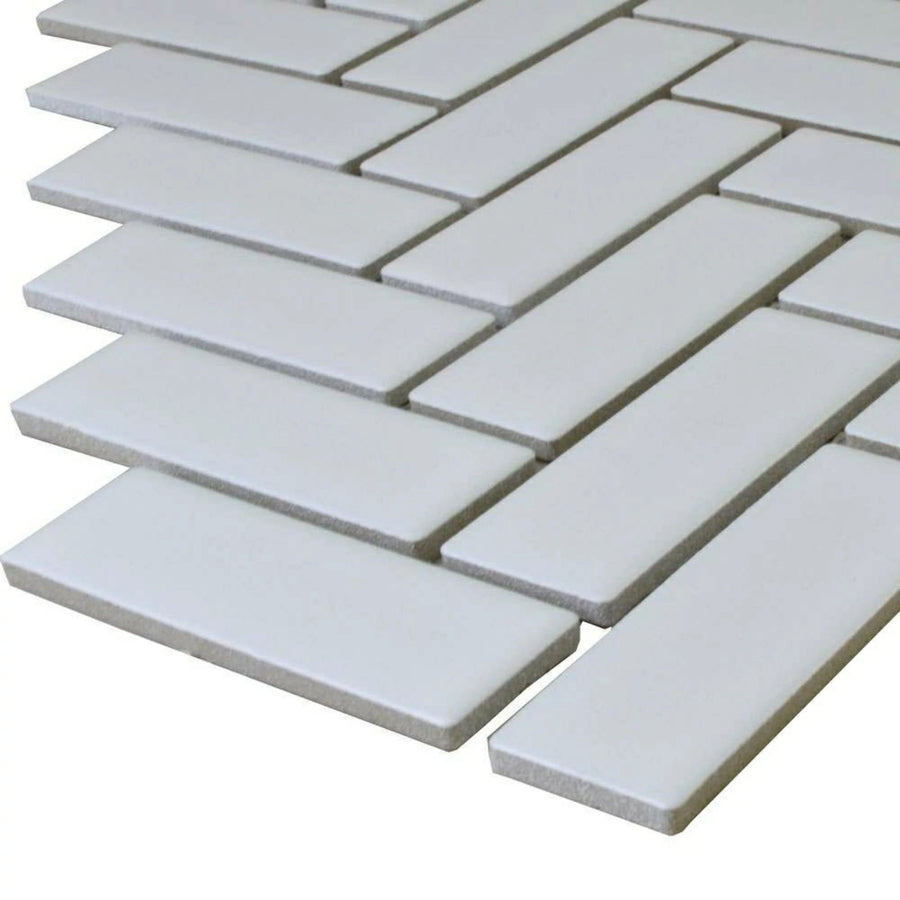 Pixel White mosaic tiles with herringbone pattern design