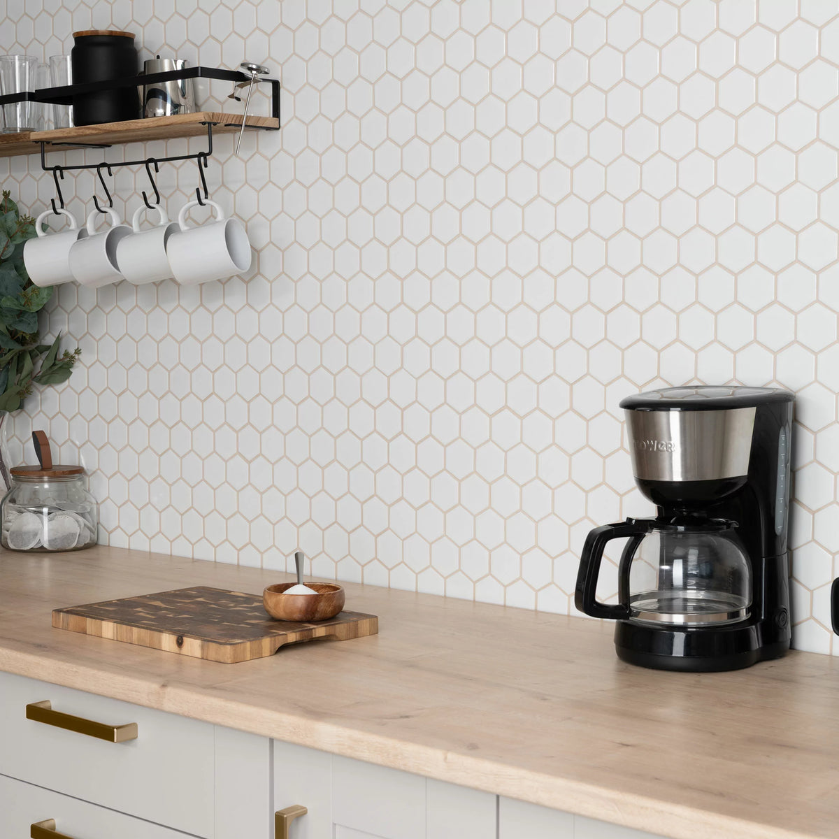 Elegant Pixel white hexagon tiles with polished porcelain finish