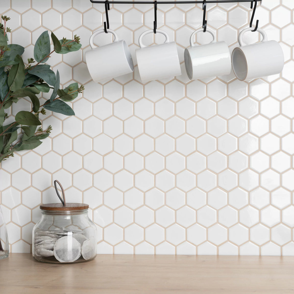 Pixel white porcelain hexagon tiles with glossy geometric finish