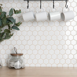 Pixel white porcelain hexagon tiles with glossy geometric finish