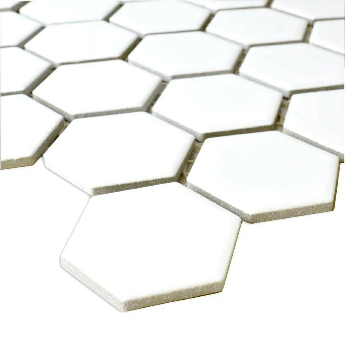 Pixel white porcelain hexagon tiles with glossy geometric finish