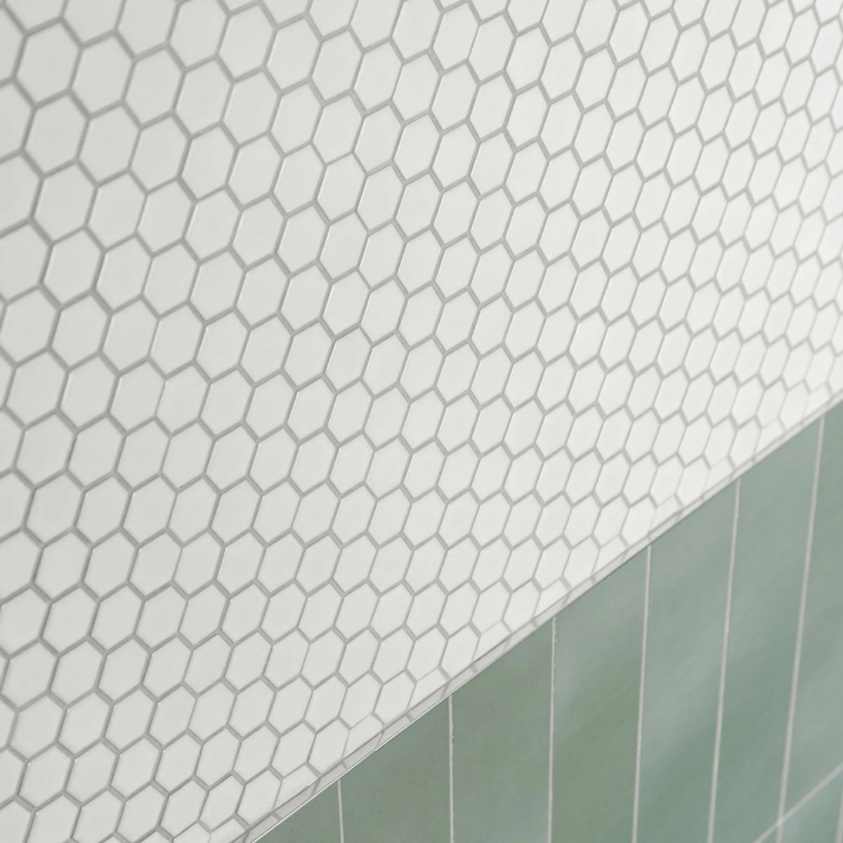Porcelain hexagon wall and floor tiles with clean white finish