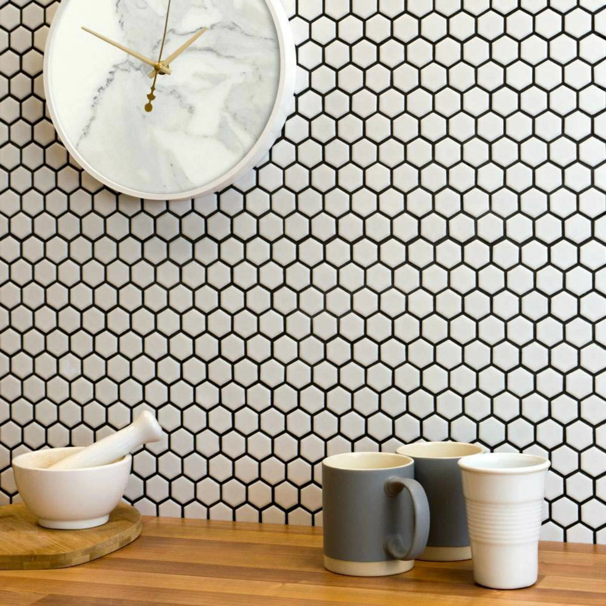 Hexagon mosaic porcelain tiles creating modern wall floor interiors