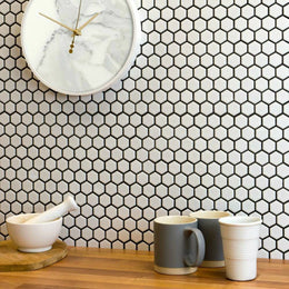 Hexagon mosaic porcelain tiles creating modern wall floor interiors