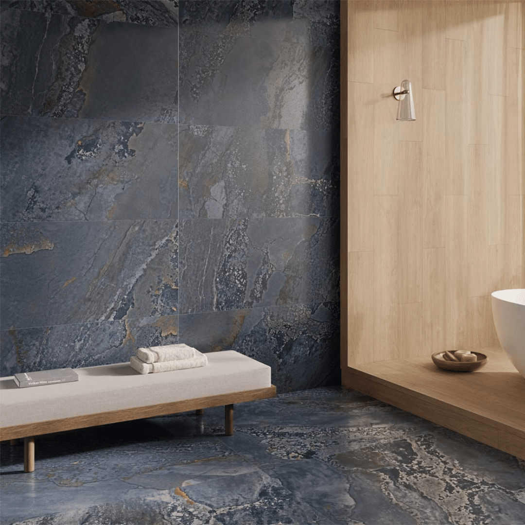Planet Blue metallic lappato porcelain tiles for wall and floor