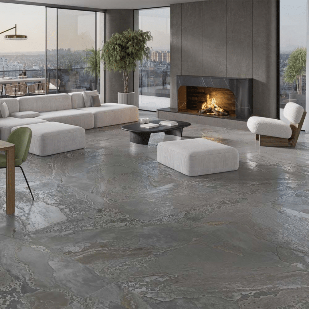 Polished metallic look black porcelain tiles for hallway bathroom