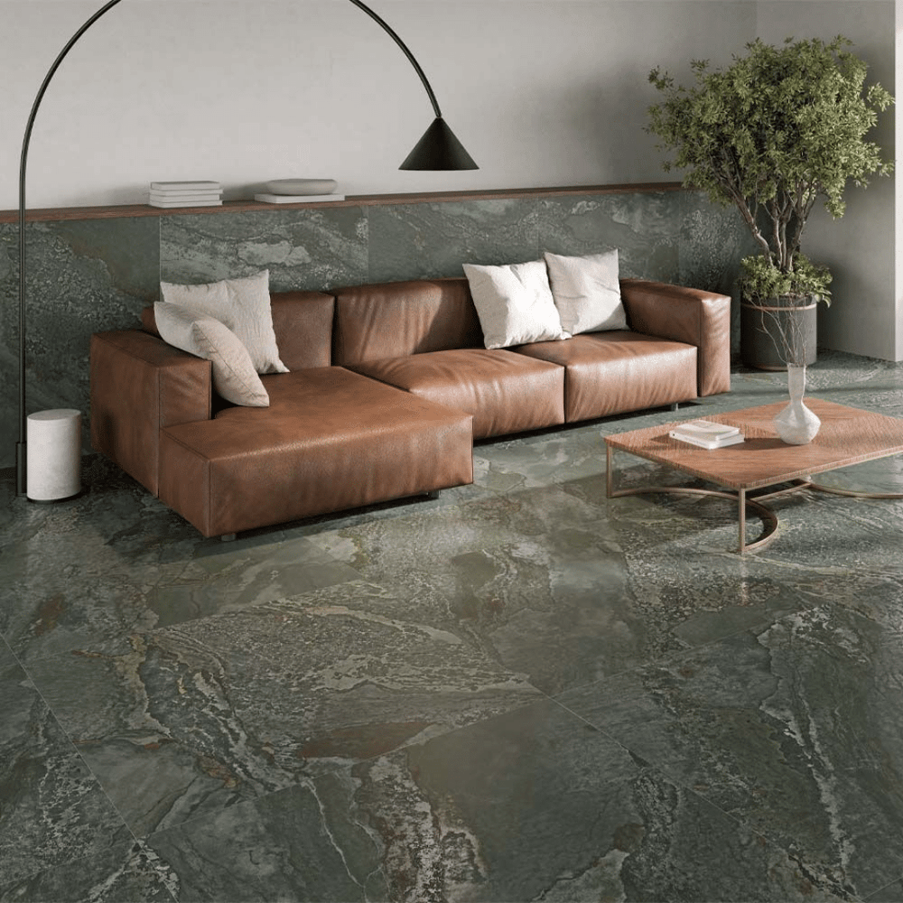 Planet Green metallic lappato porcelain tiles for wall and floor