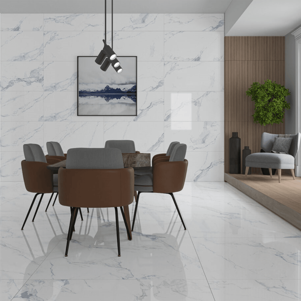 Blue white satin porcelain tile