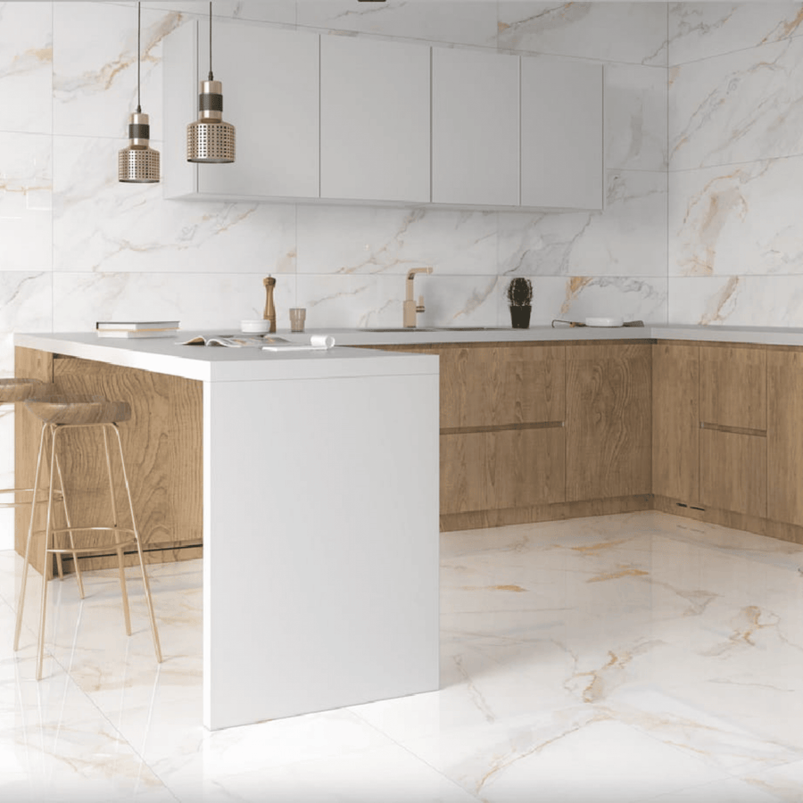 White porcelain tile with gold veining