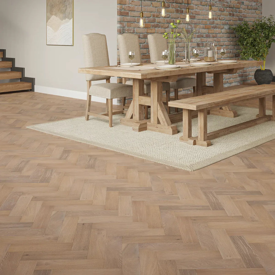 Foxdale Grey Oak Herringbone Flooring in a room setting