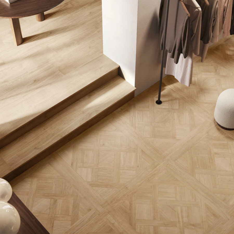 Modern floor design using brown wood effect porcelain tiles