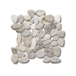 Flat cut white pebble tiles providing natural stone texture