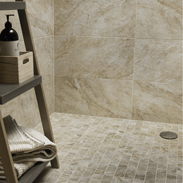 Stone effect beige porcelain wall and floor surfaces