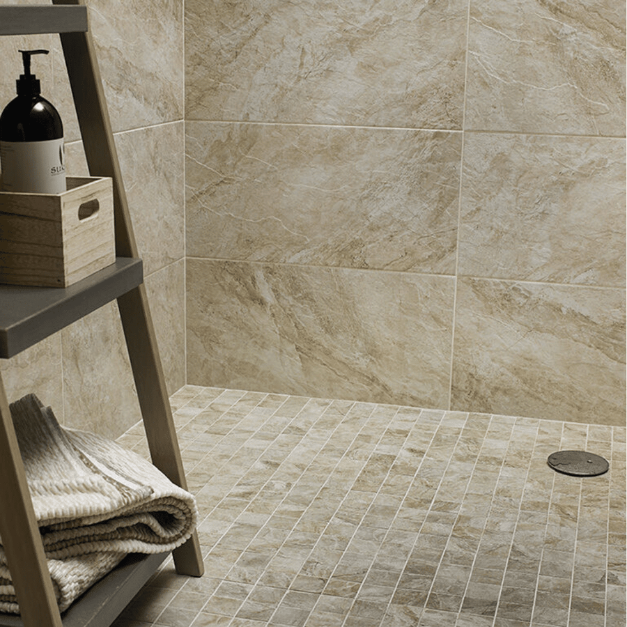 Stone effect beige porcelain wall and floor surfaces