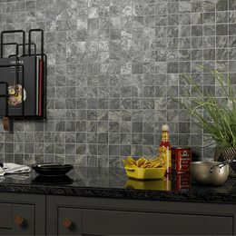Silver modular mosaic tiles with mixed glass and metal