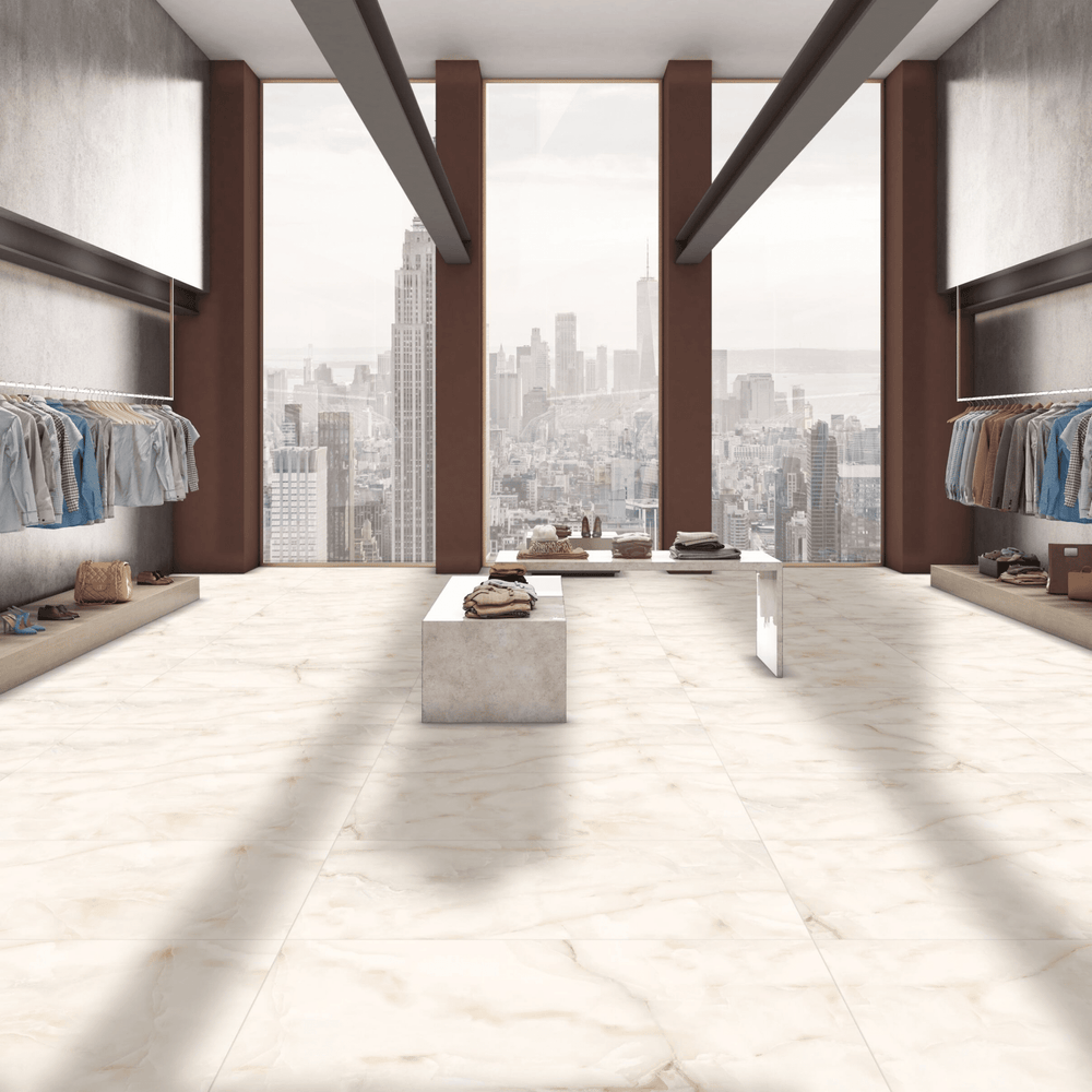 Golden onyx-inspired porcelain flooring