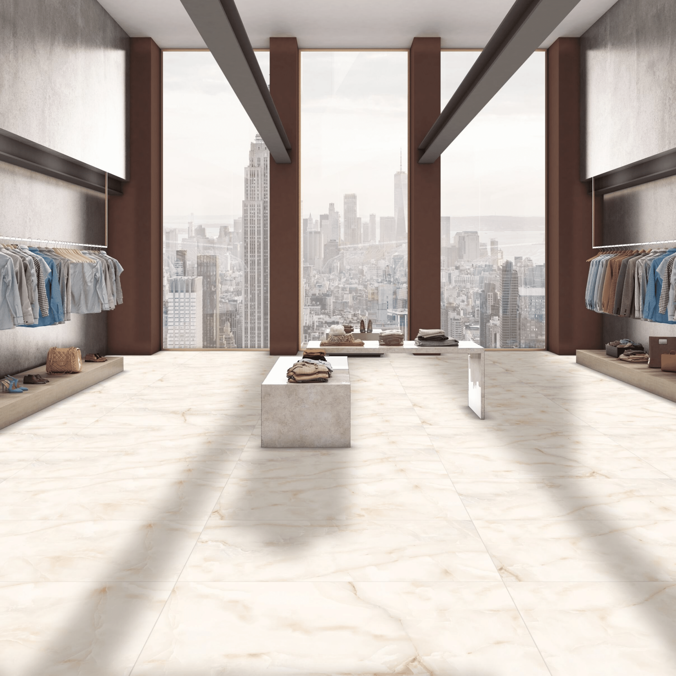 Golden onyx-inspired porcelain flooring