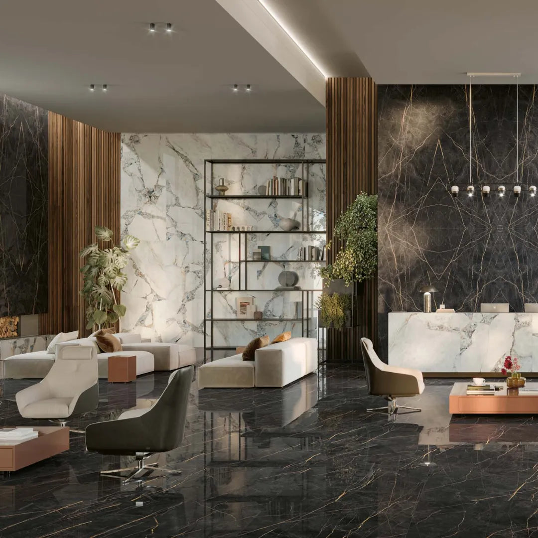 Black polished porcelain tiles with elegant onyx effect design