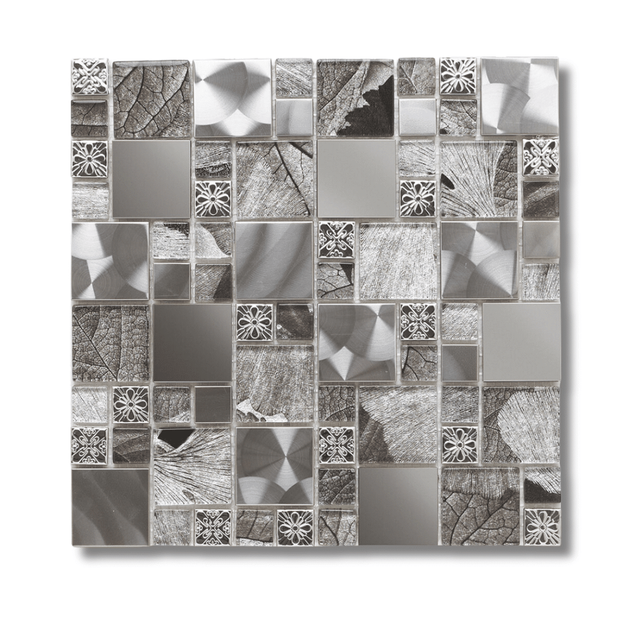 Silver modular mosaic tiles with mixed glass and metal