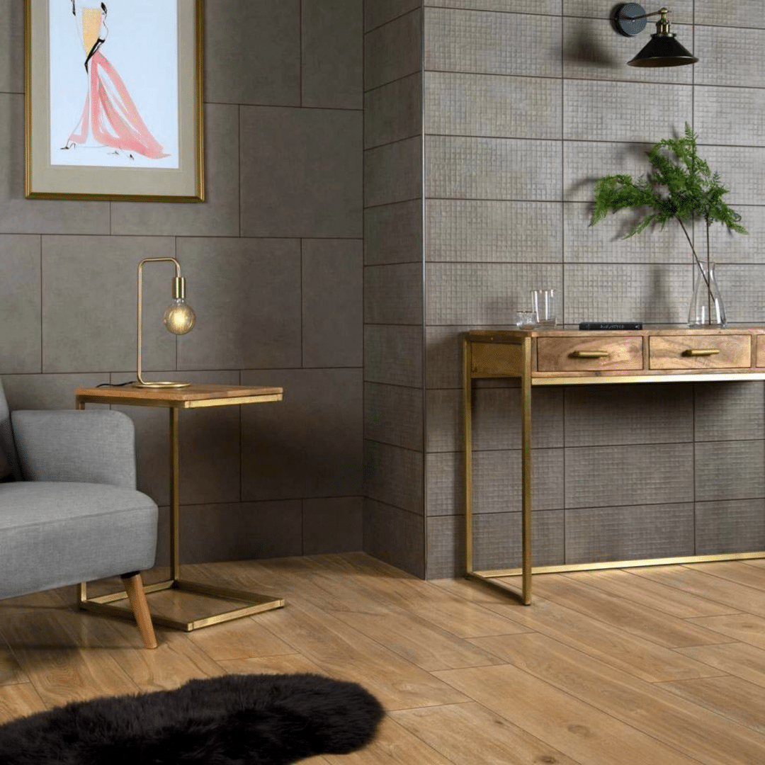 Brown porcelain wood effect tiles featuring oak texture