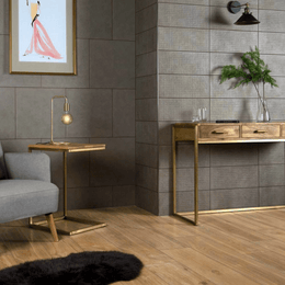 Brown porcelain wood effect tiles featuring oak texture
