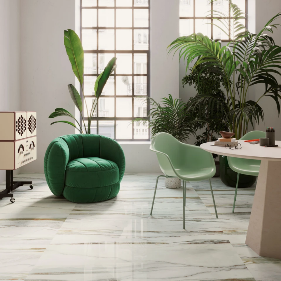 Hallway wall and floor with green white marble tiles
