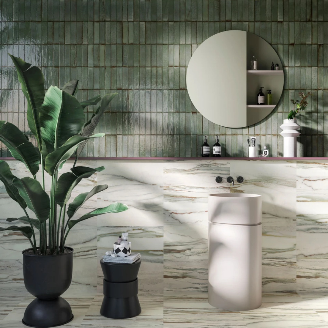 Bathroom wall and floor with emerald marble porcelain tiles