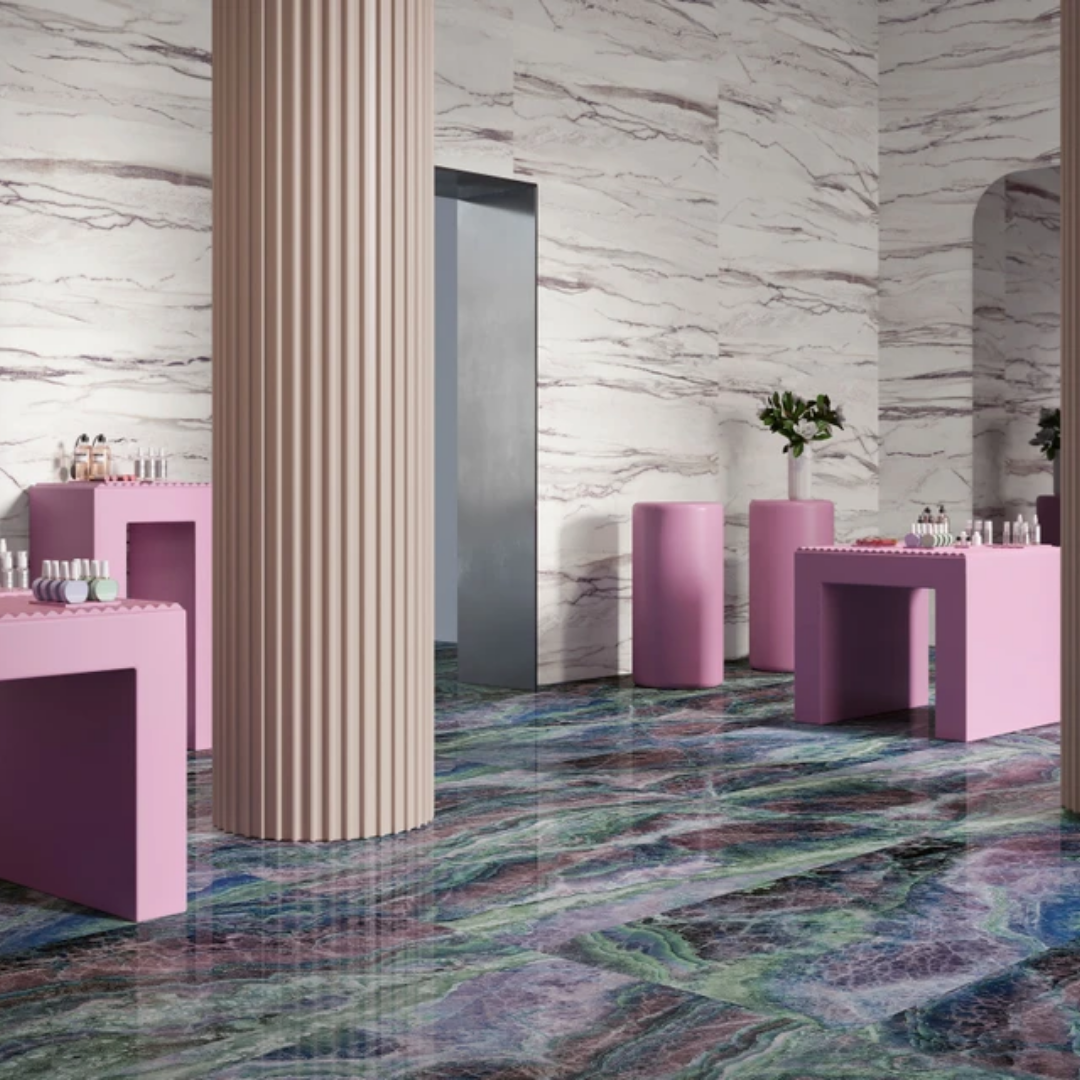 Hallway wall and floor design with purple marble tiles
