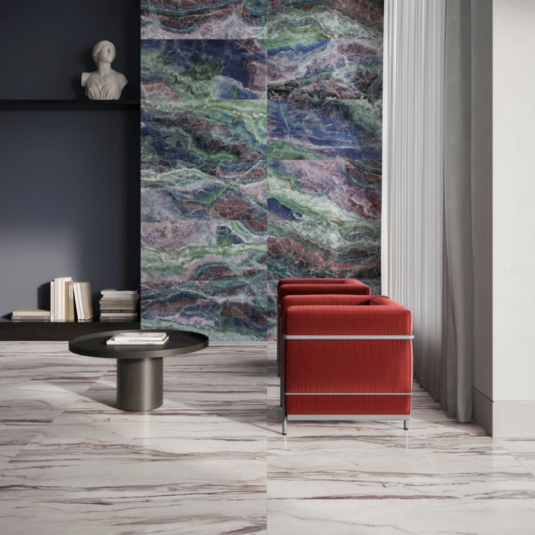 Hallway wall and floor design with purple marble tiles