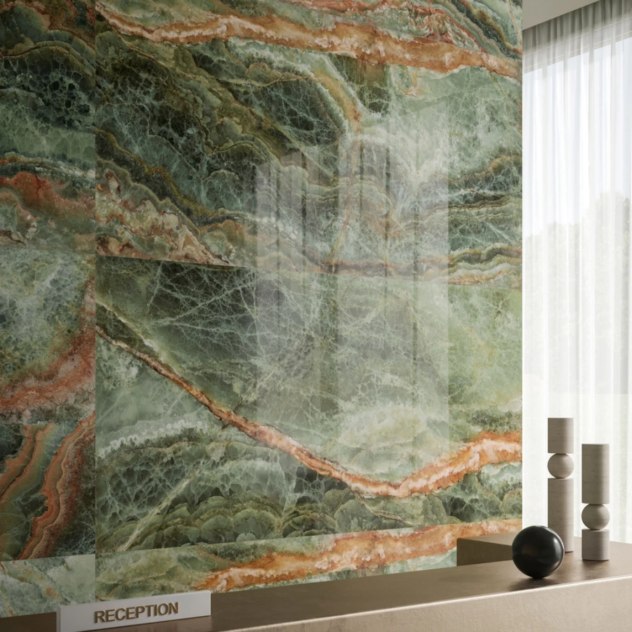 Green porcelain onyx effect tiles for wall and floor